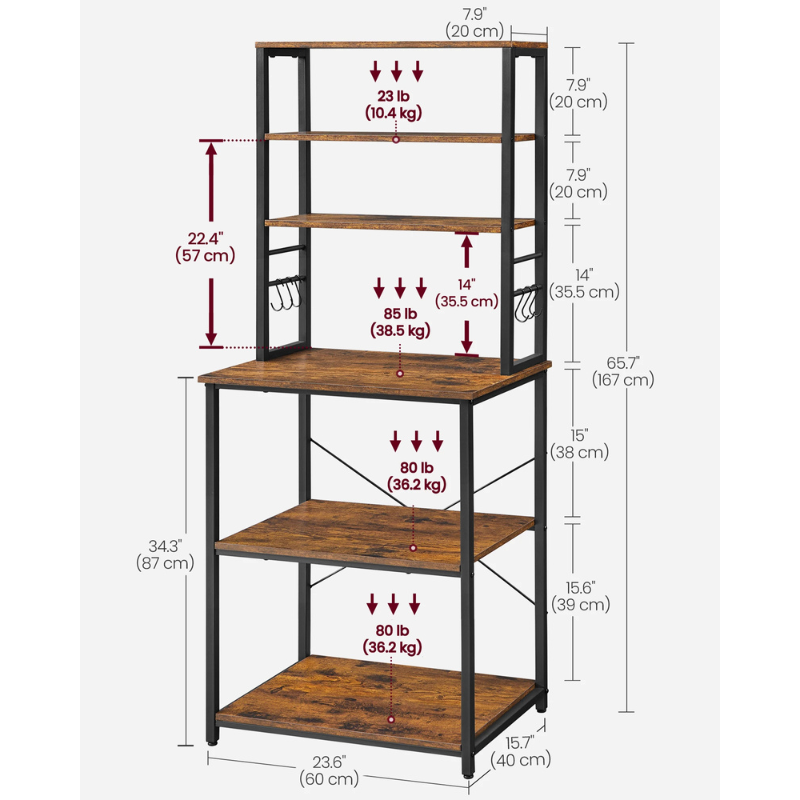 6-Tier Industrial Kitchen Baker’s Rack with 6 Hooks Microwave Stand
