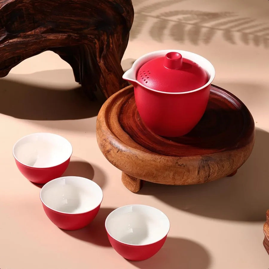 Portable Ceramic Teapot and Cups Set For Travel Red Tea Set
