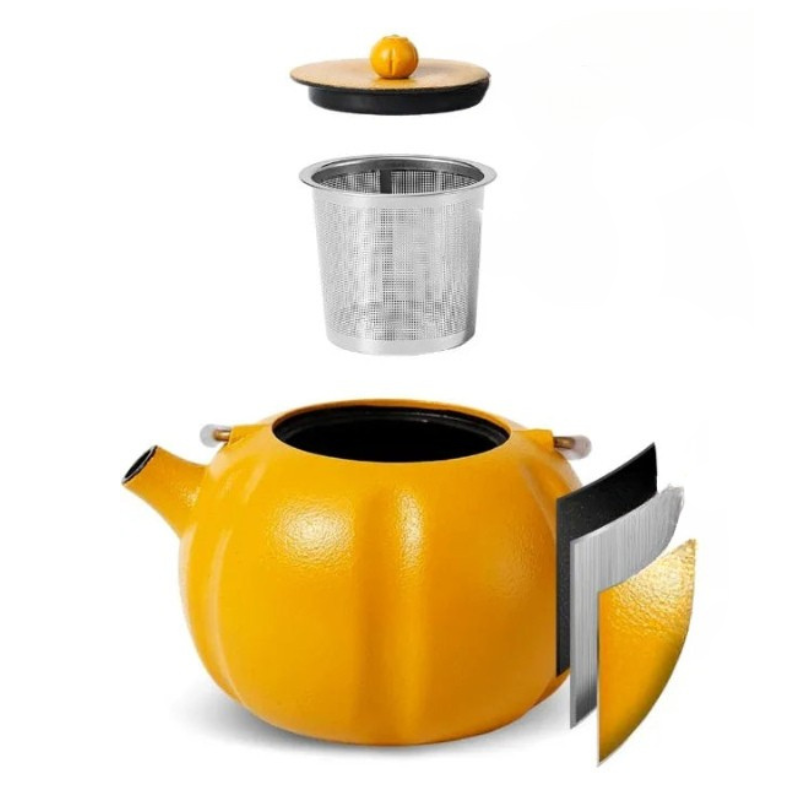 Pumpkin Cast Iron Teapot with Stainless Steel Infuser Internal Enamel