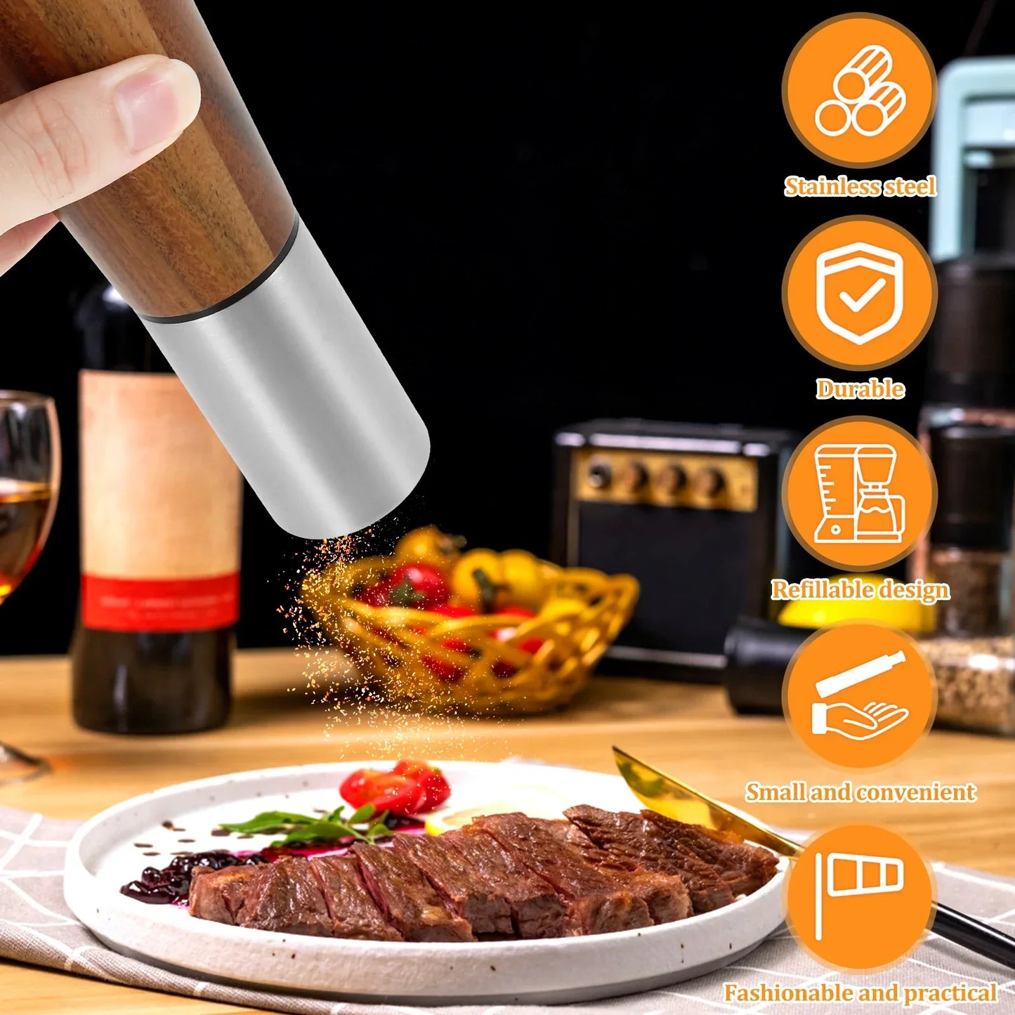 Refillable Acacia Wood Salt Shaker and Pepper Spice Mill Grinder Set