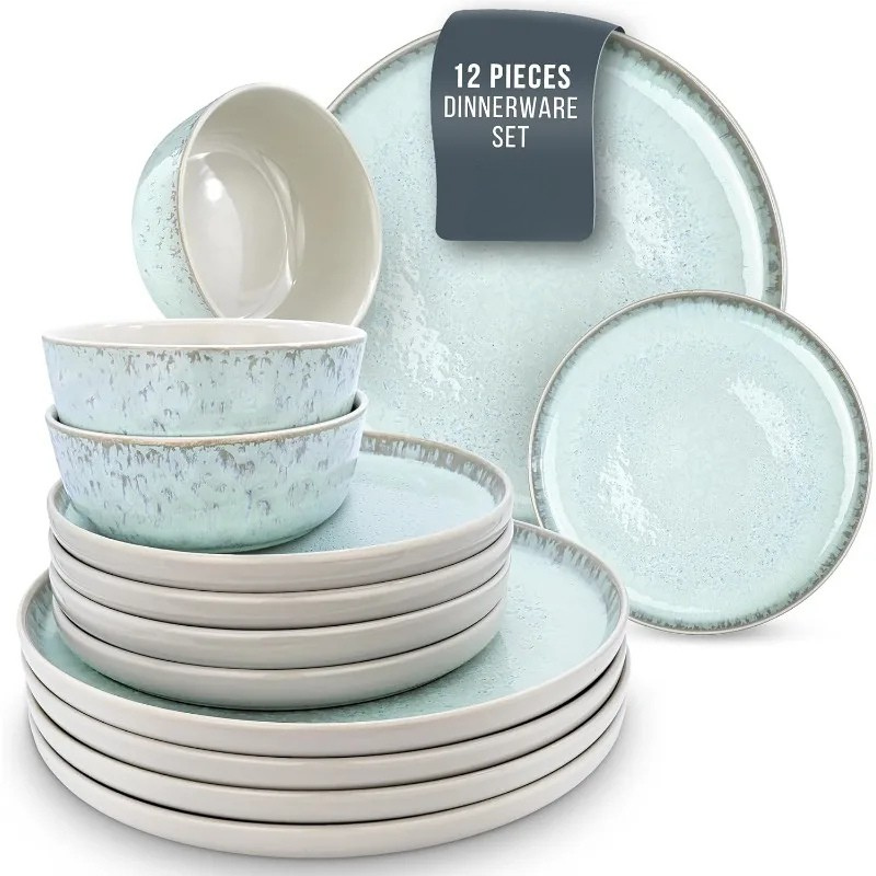 12-16pcs Elegant Porcelain Stoneware Plate Dinnerware Tableware Set