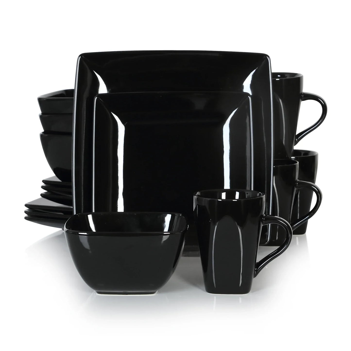 16/32/48pcs Solid Color Black Ceramic Porcelain Square Dinnerware Set