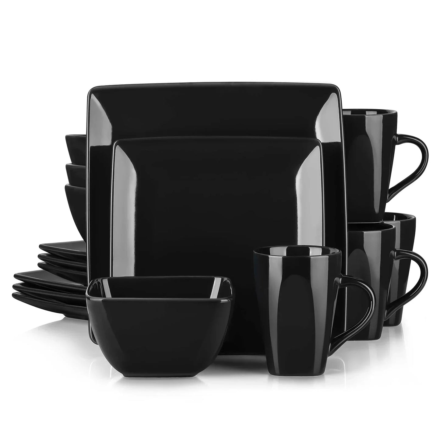 16/32/48pcs Solid Color Black Ceramic Porcelain Square Dinnerware Set