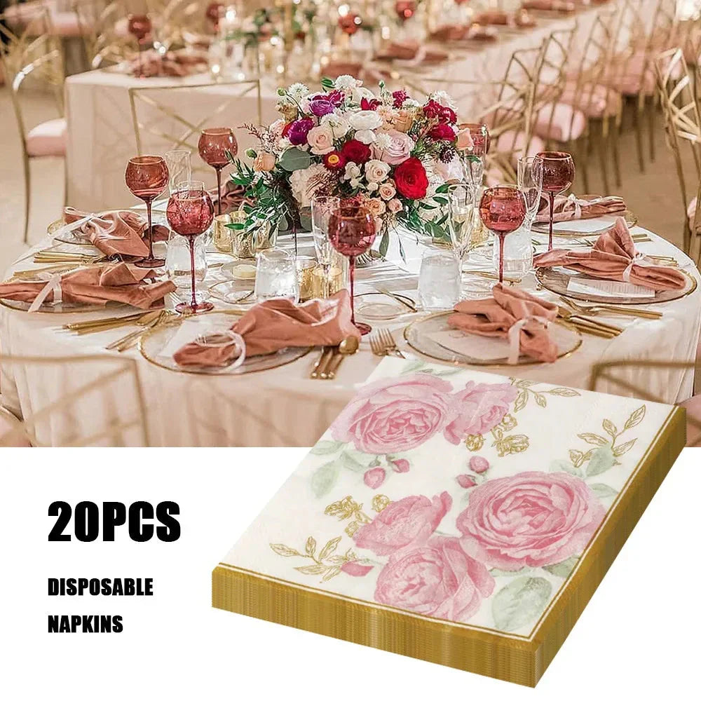 20pcs Napkins Paper Pastoral Style Bee Napkins Retro Rose Print Napkin