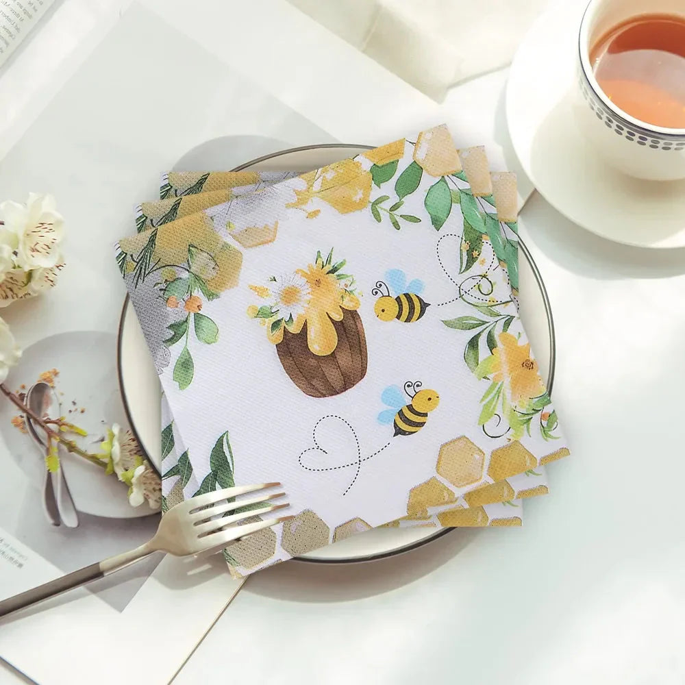 20pcs Napkins Paper Pastoral Style Bee Napkins Retro Rose Print Napkin