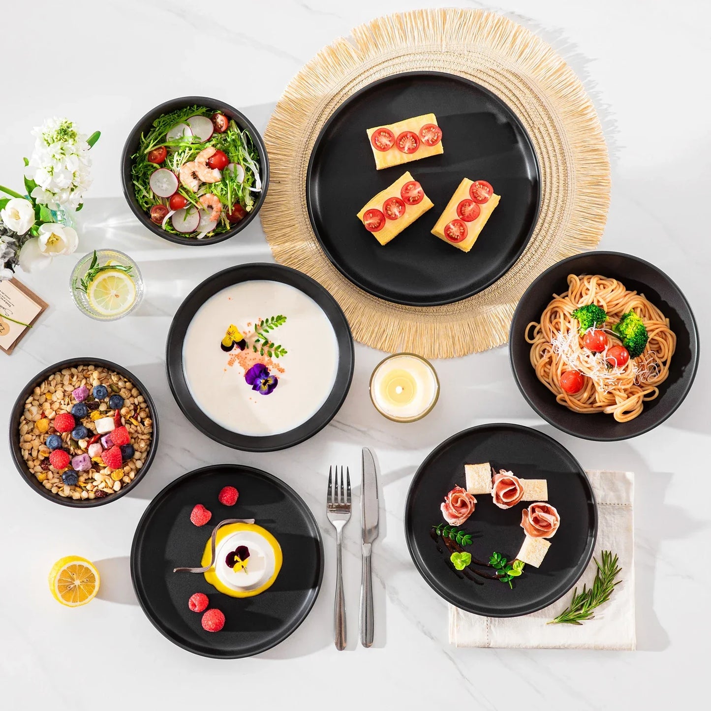 24pcs Black Reactive Glaze Stoneware Set Oven Safe Dinnerware Set