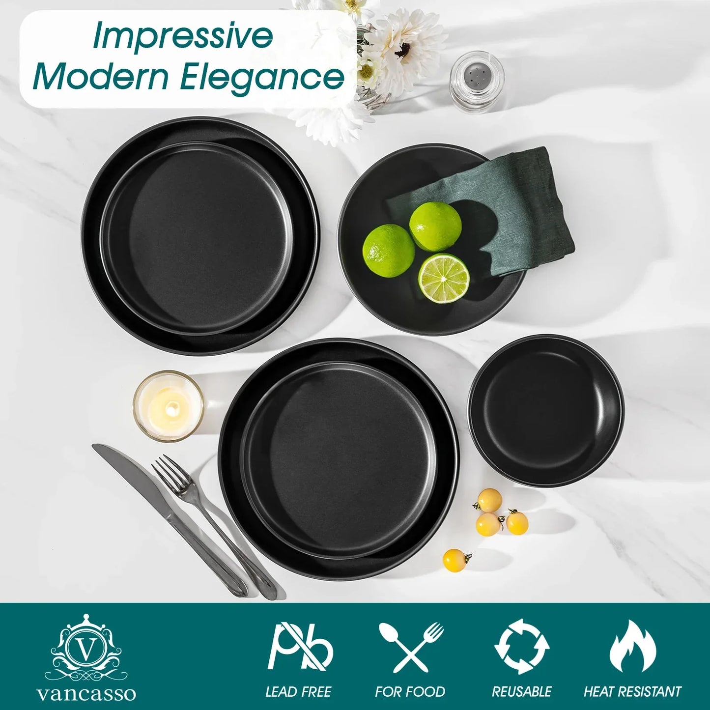 24pcs Black Reactive Glaze Stoneware Set Oven Safe Dinnerware Set