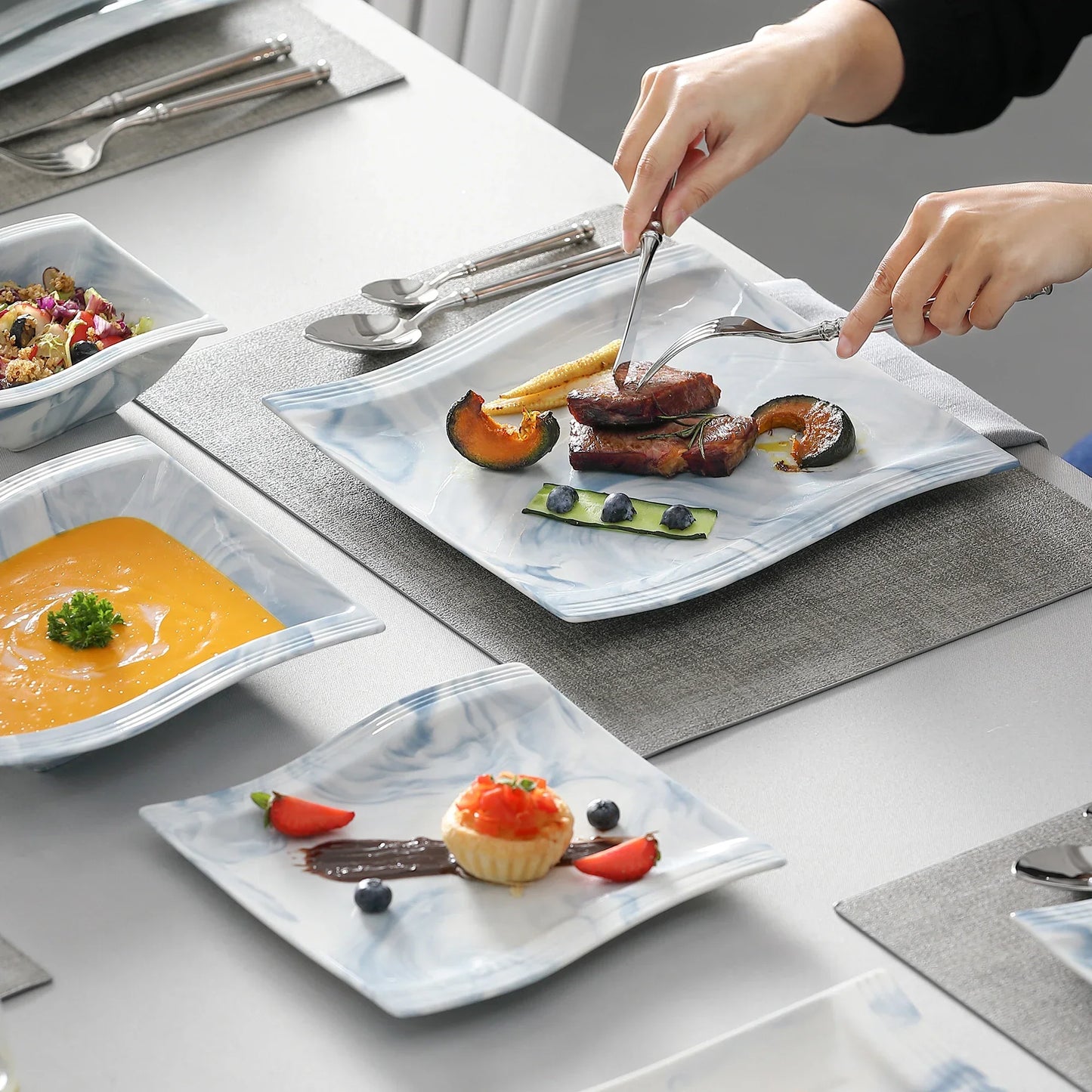 26pcs Nordic Marble Ceramic Tableware with Bowl Plate Soup Set