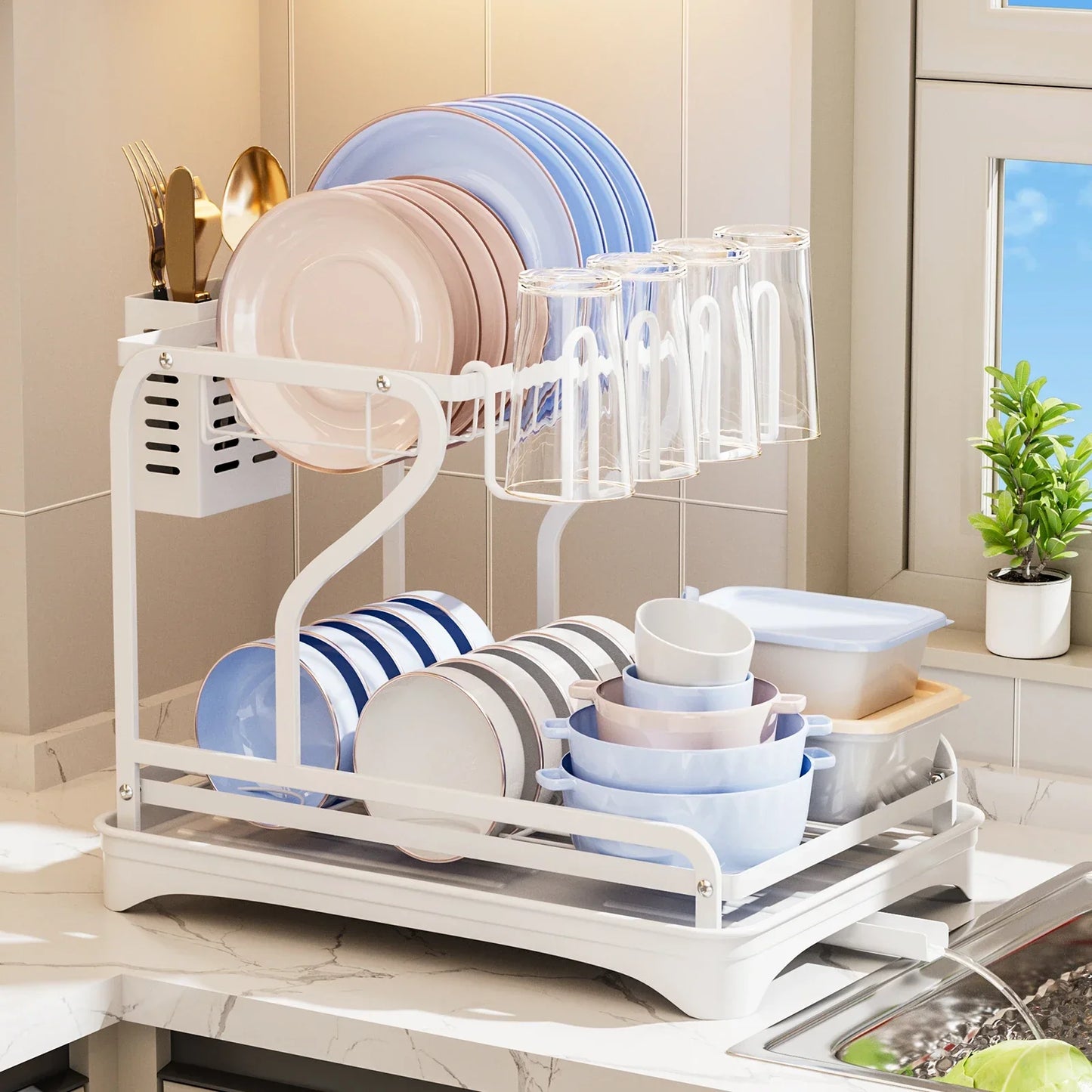 2Tier Metal Dish Drying Drainer Rack With Drainboard Kitchen Counter