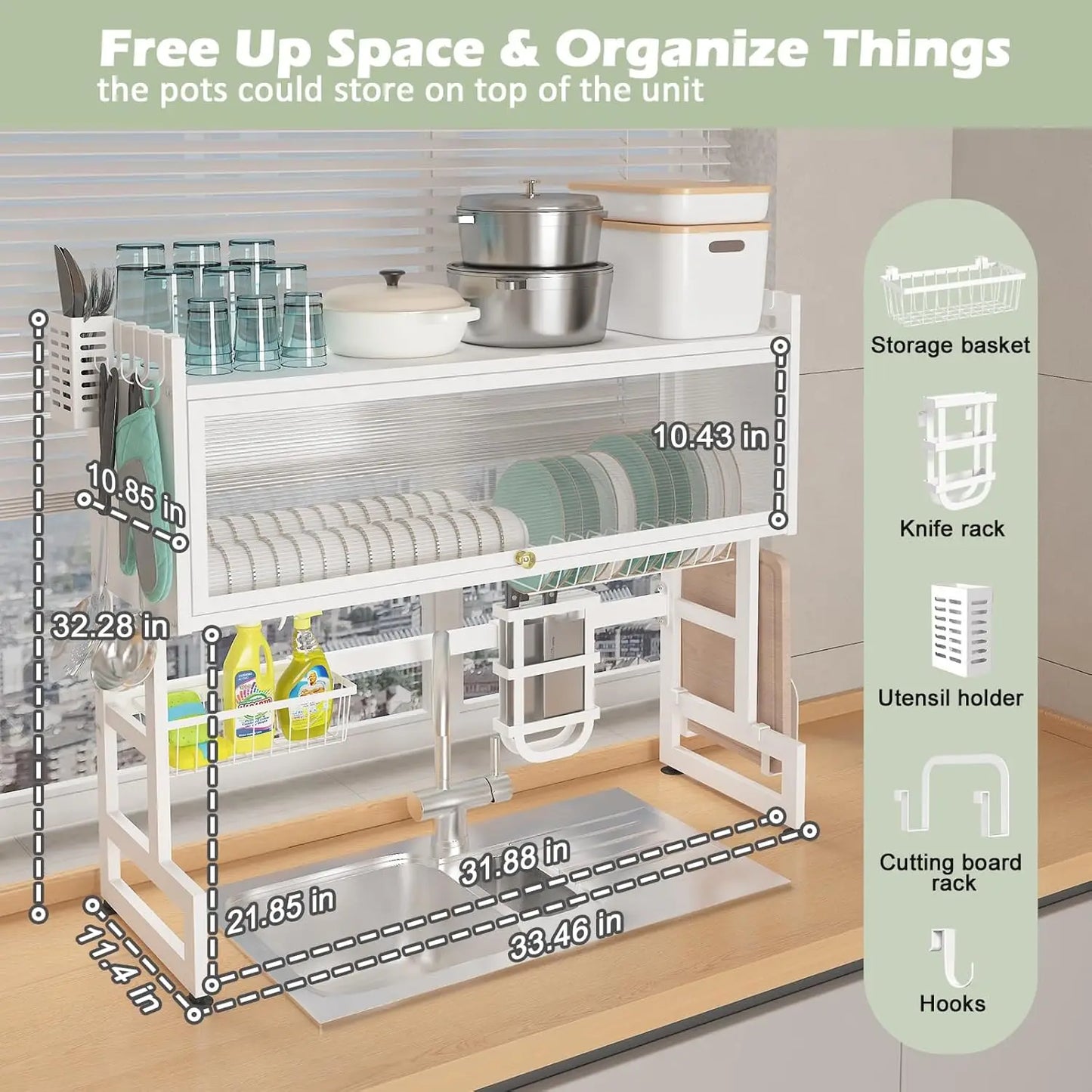 33" Length 2 Tier White Dish Drainer Drying Rack Kitchen Organizer