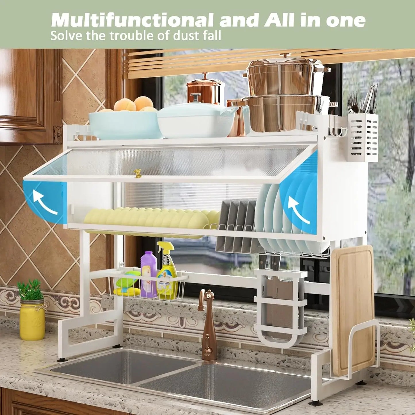 33" Length 2 Tier White Dish Drainer Drying Rack Kitchen Organizer