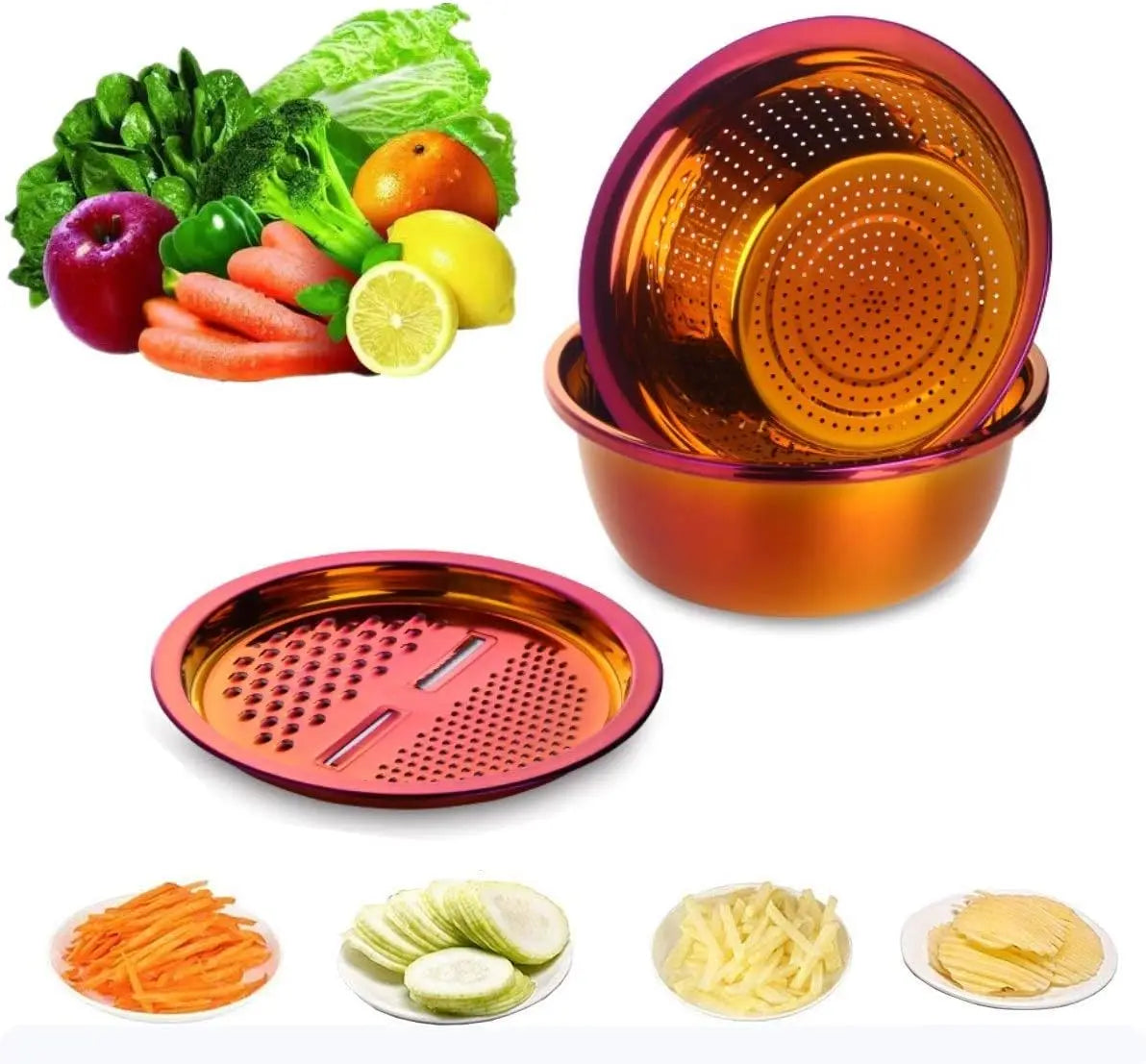 3pcs Stainless Steel Round Colander Vegetable Slicer Grater Strainer