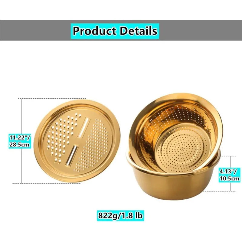 3pcs Stainless Steel Round Colander Vegetable Slicer Grater Strainer