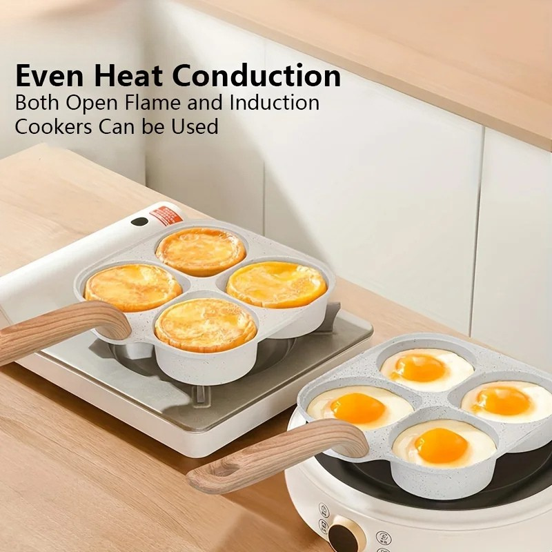 4 Holes Medical Stone Non Stick Egg Frying Pan With Wooden Handle