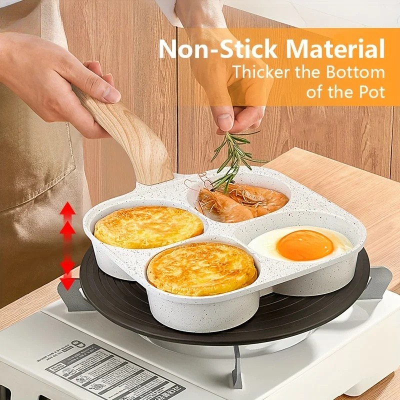 4 Holes Medical Stone Non Stick Egg Frying Pan With Wooden Handle