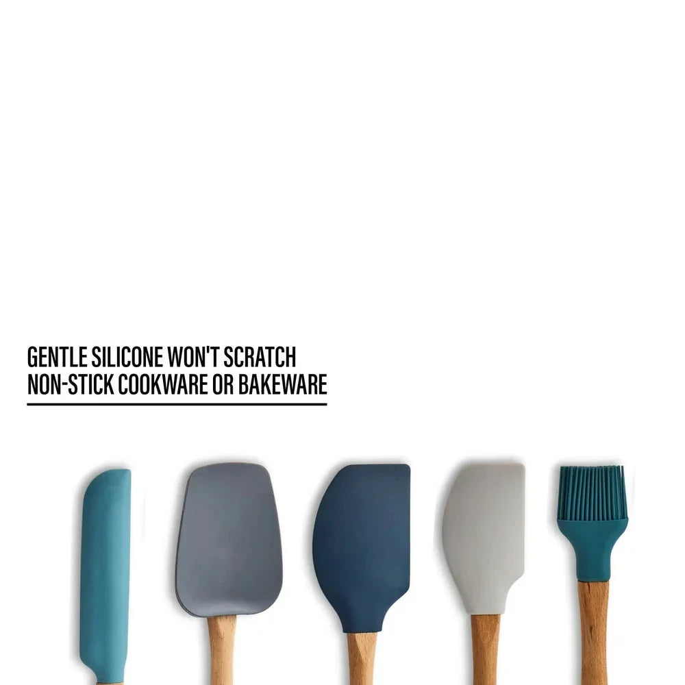 5pcs Heat Resistant Silicone Utensil Set with Beechwood Handle