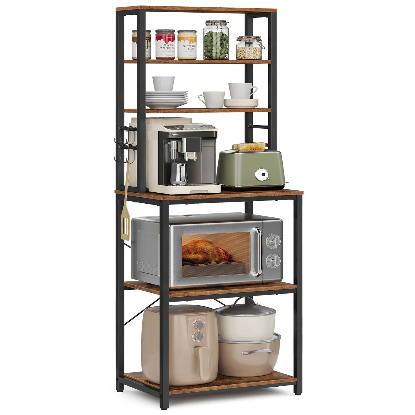6-Tier Industrial Kitchen Baker’s Rack with 6 Hooks Microwave Stand