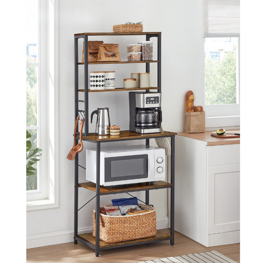 6-Tier Industrial Kitchen Baker’s Rack with 6 Hooks Microwave Stand