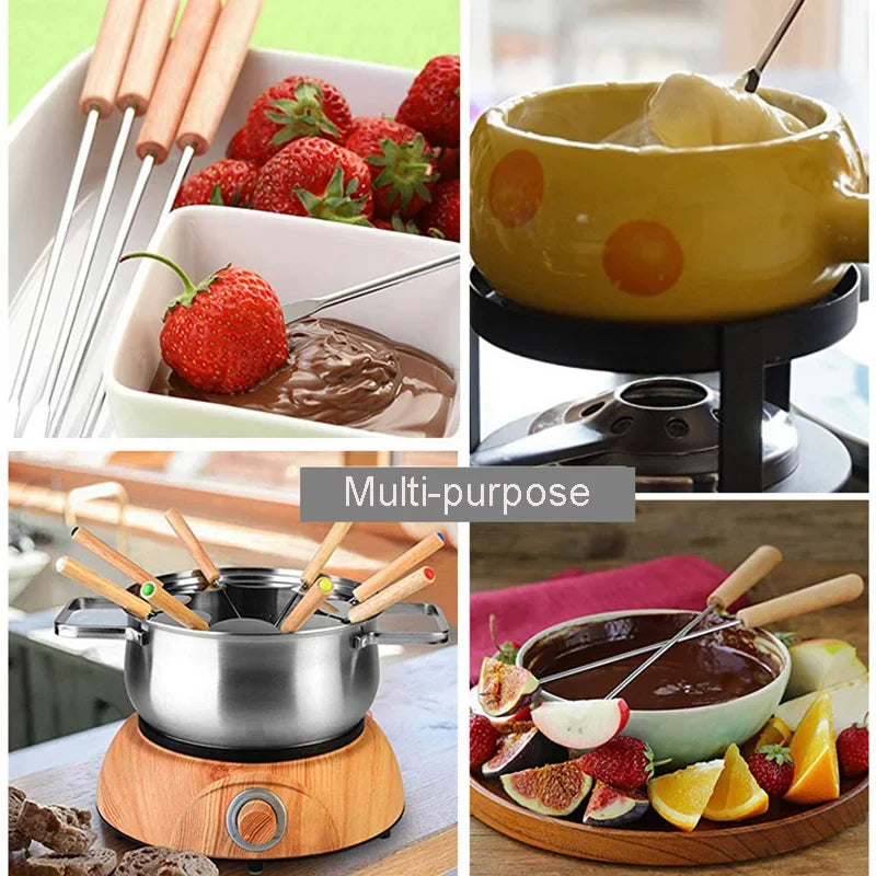 6Pcs Stainless Steel Forks with Wooden Handle for BBQ Campfire Grill