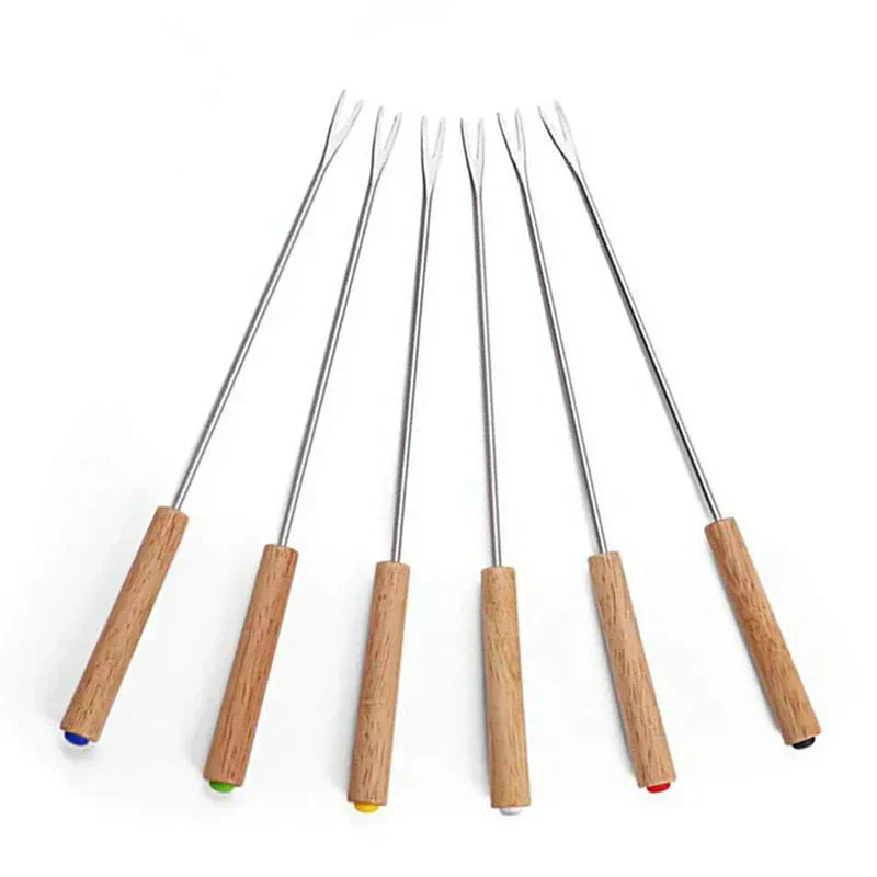 6Pcs Stainless Steel Forks with Wooden Handle for BBQ Campfire Grill