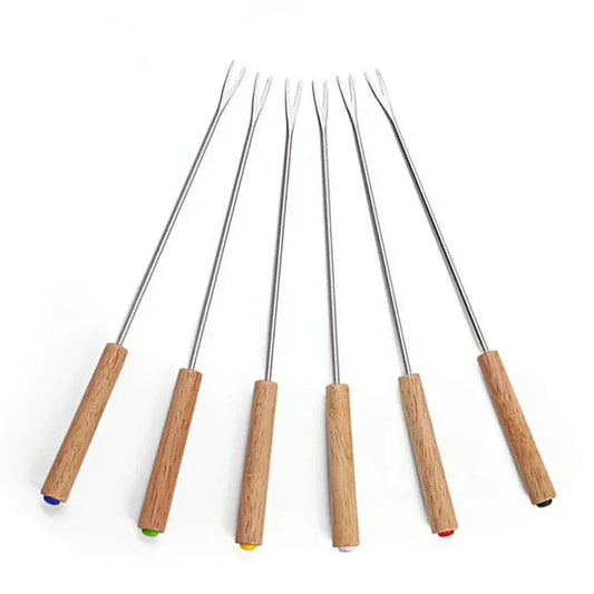 6Pcs Stainless Steel Forks with Wooden Handle for BBQ Campfire Grill