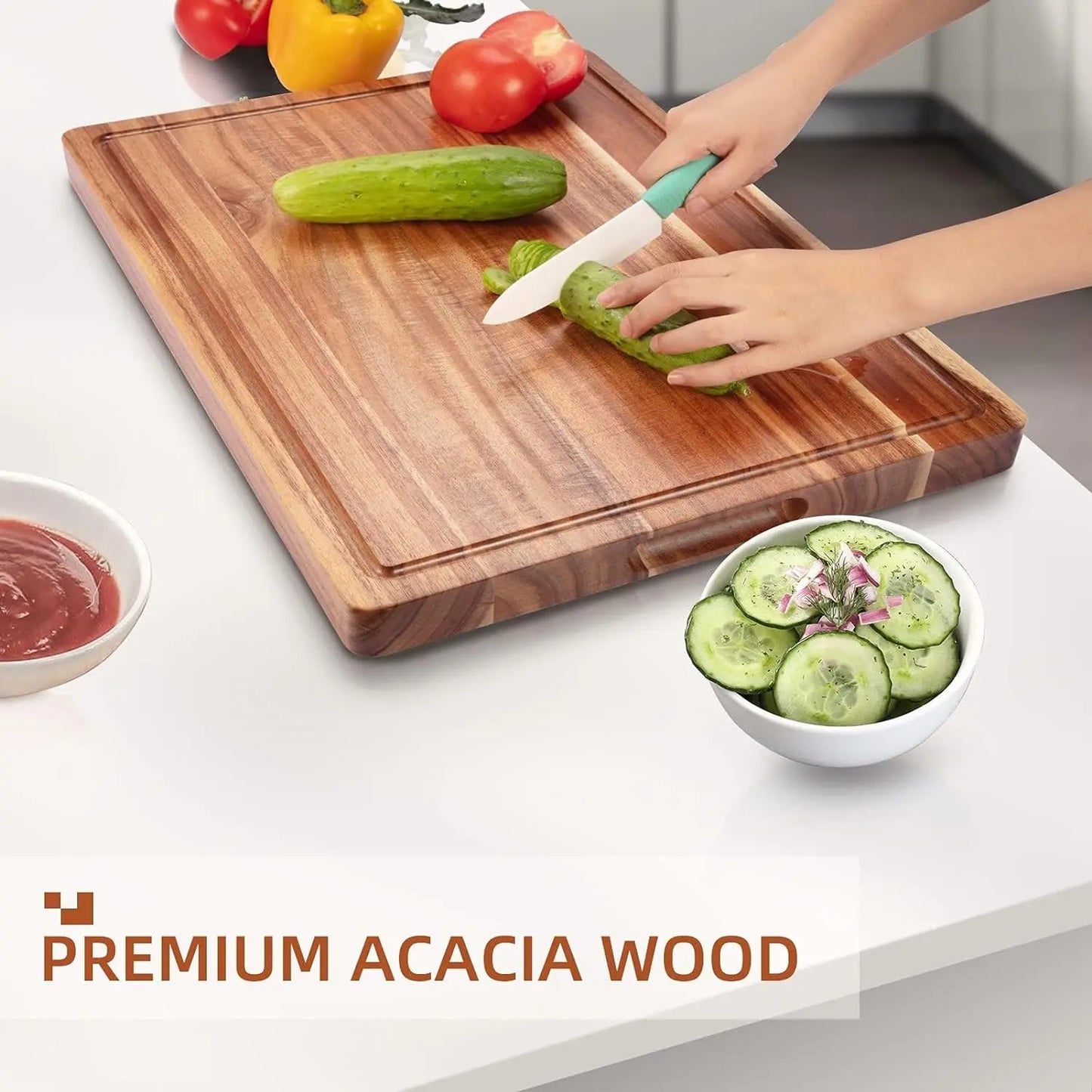 Acacia Wooden Cutting Board Thick Chopping Board With Side Handle