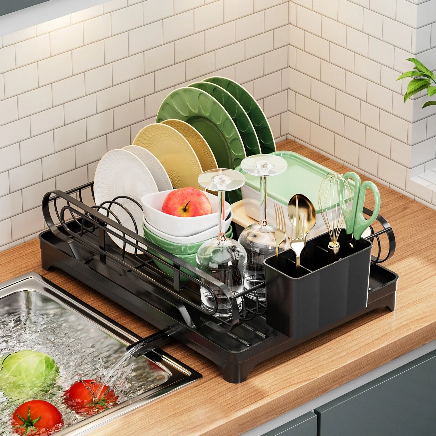 Adjustable Dish Rack With Drainboard for Kitchen Counter Sink Drainer