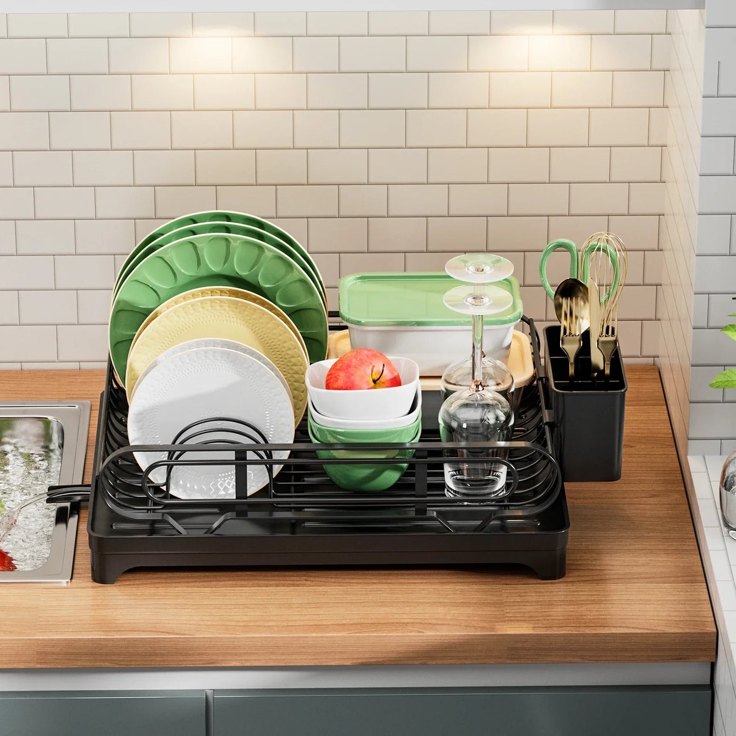 Adjustable Dish Rack With Drainboard for Kitchen Counter Sink Drainer