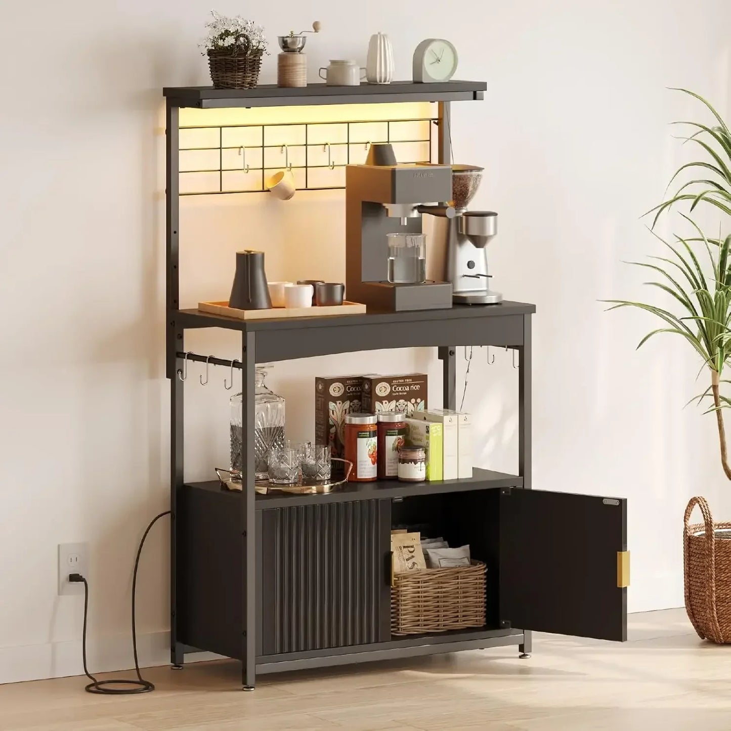 Adjustable Height Bakers Rack with Power Outlet and Storage Cabinet