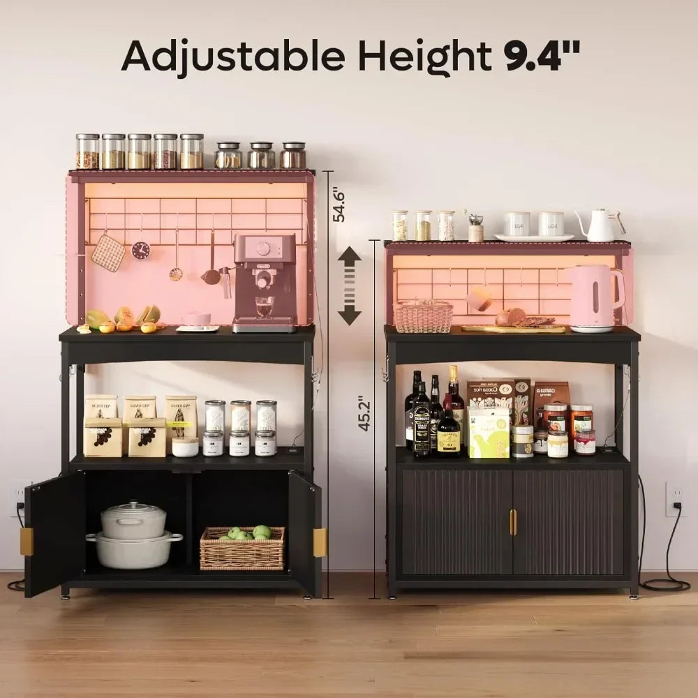 Adjustable Height Bakers Rack with Power Outlet and Storage Cabinet