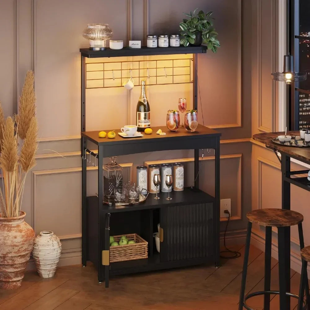 Adjustable Height Bakers Rack with Power Outlet and Storage Cabinet