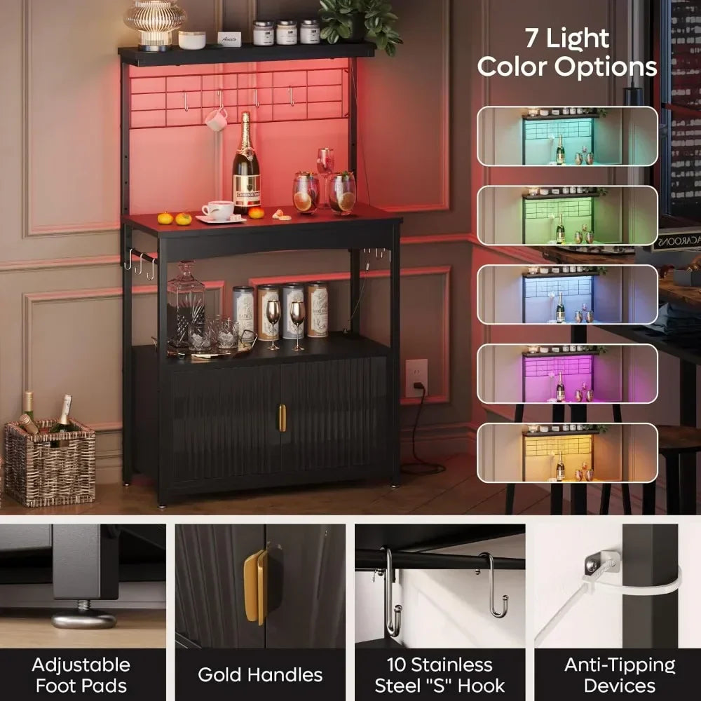 Adjustable Height Bakers Rack with Power Outlet and Storage Cabinet