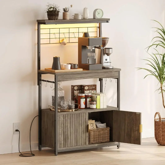 Adjustable Height Bakers Rack with Power Outlet and Storage Cabinet