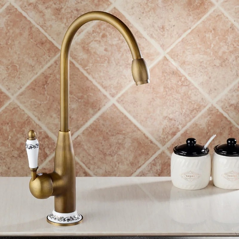 Antique Brass Finish Kitchen Faucet Swivel Mixer Tap Hot Cold Water