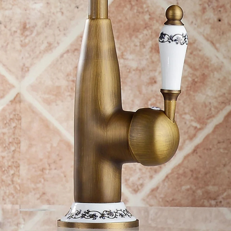 Antique Brass Finish Kitchen Faucet Swivel Mixer Tap Hot Cold Water