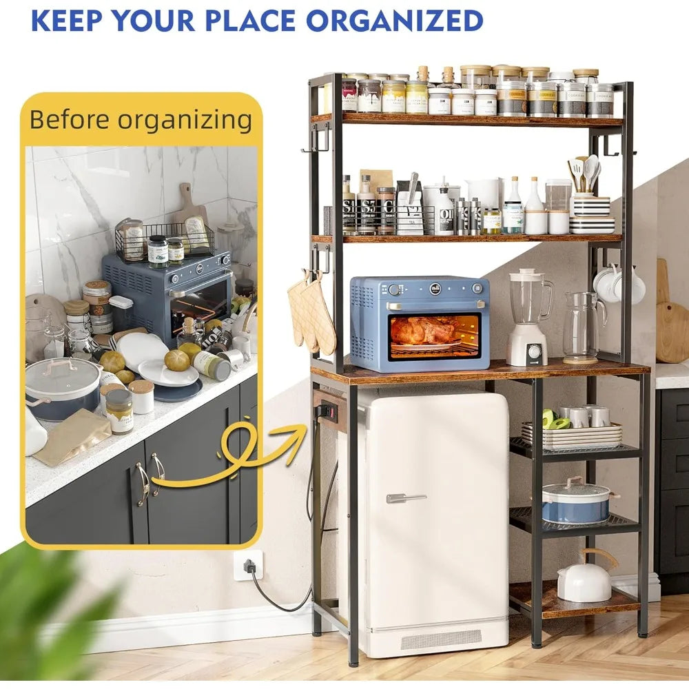 Bakers Rack For Kitchen With Storage Shelves Power Outlet and Cabinet
