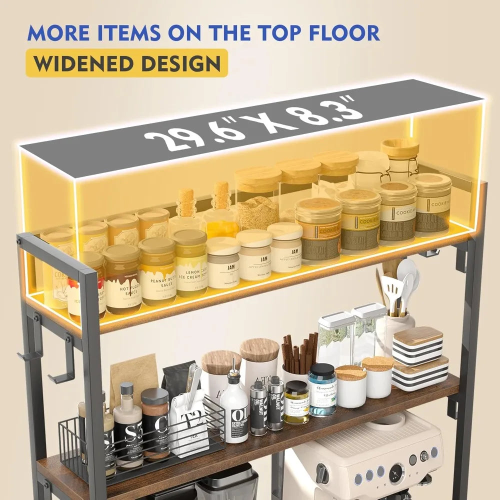 Bakers Rack For Kitchen With Storage Shelves Power Outlet and Cabinet