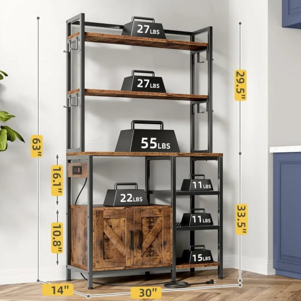 Bakers Rack For Kitchen With Storage Shelves Power Outlet and Cabinet