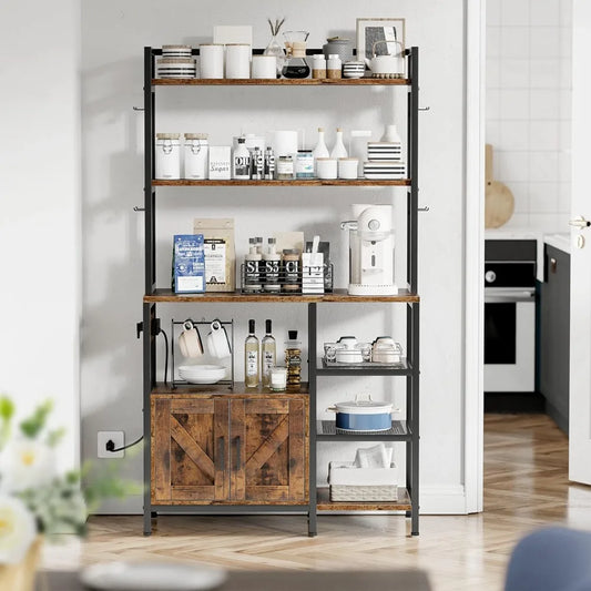 Bakers Rack For Kitchen With Storage Shelves Power Outlet and Cabinet