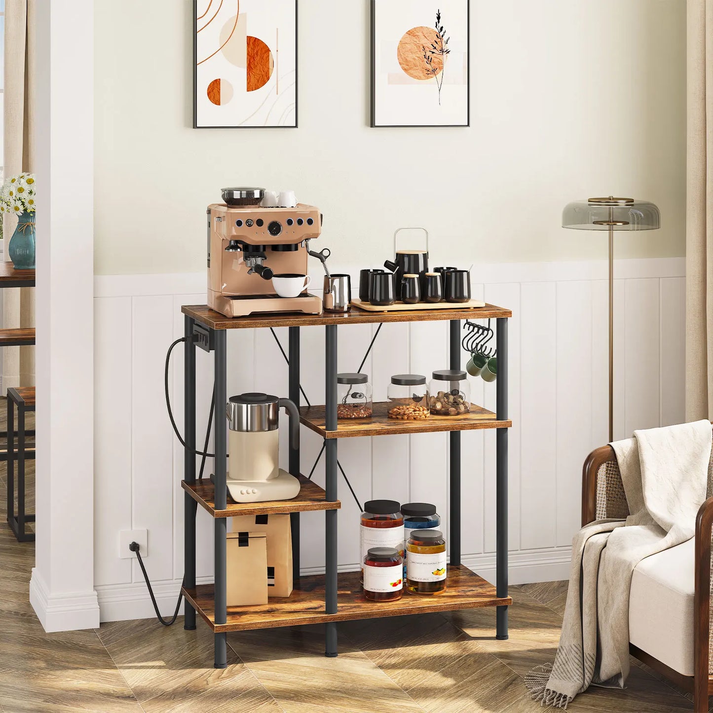 Bakers Rack with Power Outlet Microwave Stand with 5 S-Shaped Hooks