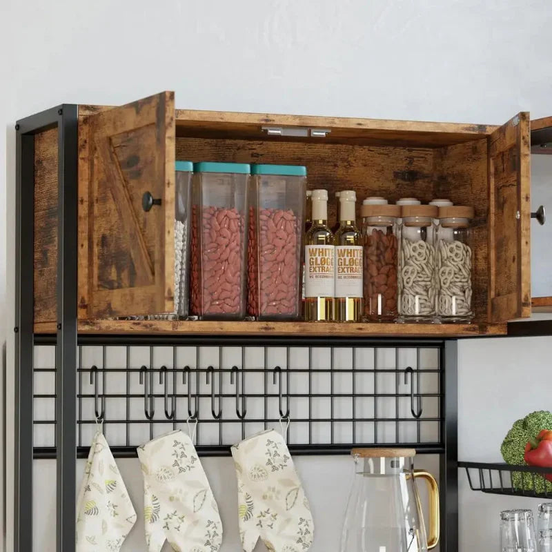 Bakers Rack with Storage Cabinet Power Outlet Kitchen Microwave Stand