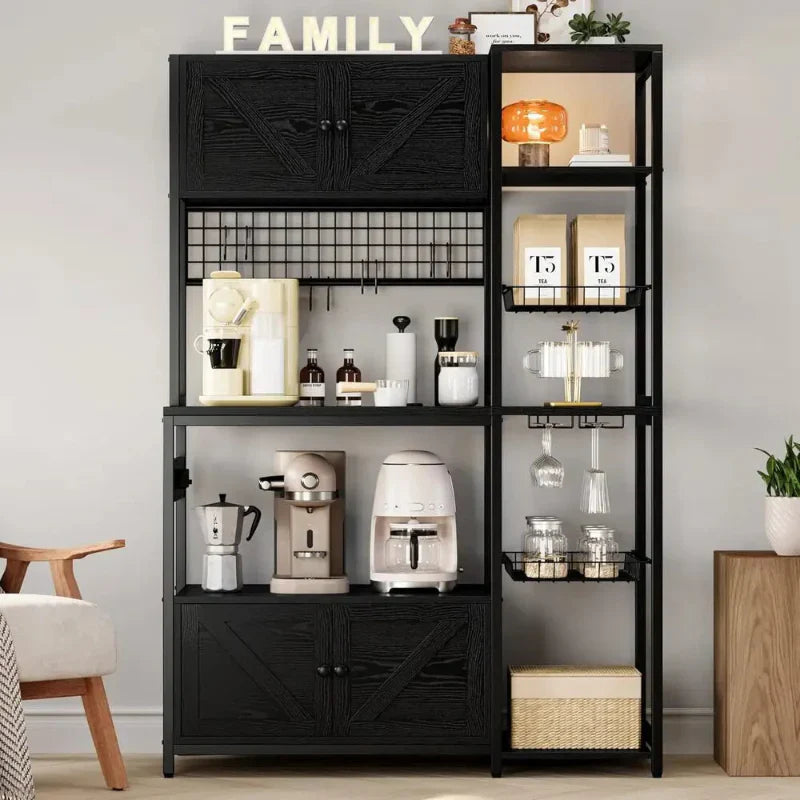 Bakers Rack with Storage Cabinet Power Outlet Kitchen Microwave Stand