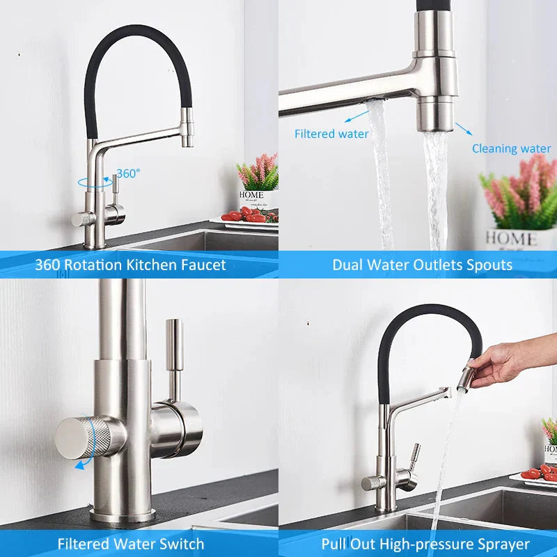 Black White Filtered Kitchen Faucets Pull Out 360 Rotation Mixer Tap