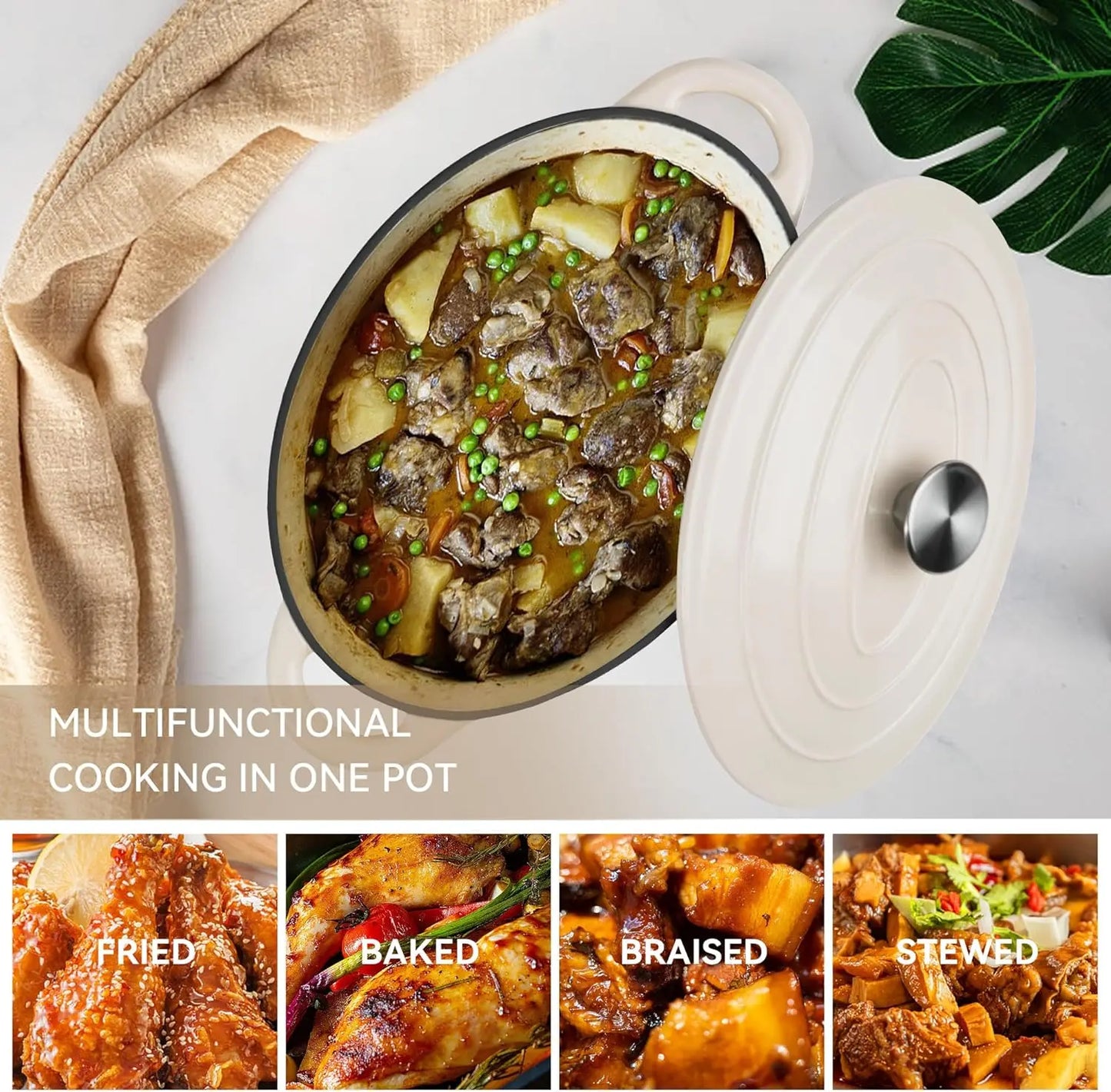 Cast Iron Enameled Oval Dutch Oven Pot with Lid and Dual Handles