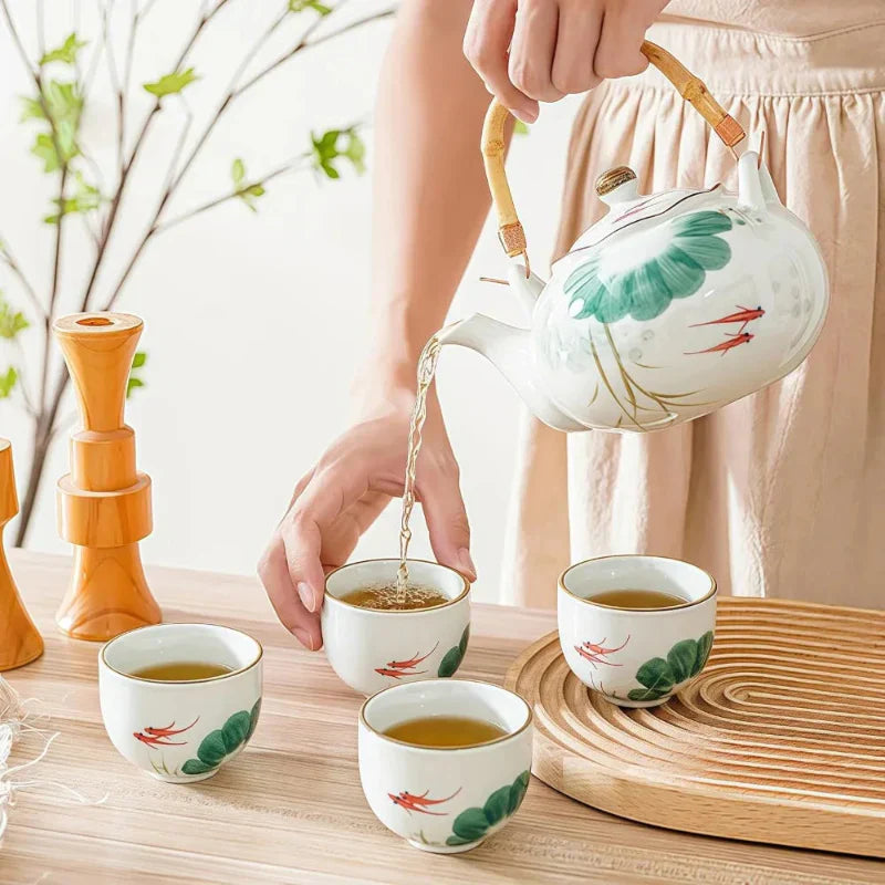 Ceramic One Teapot and Four Cup Set Detachable Loose Leaf Tea Infuser