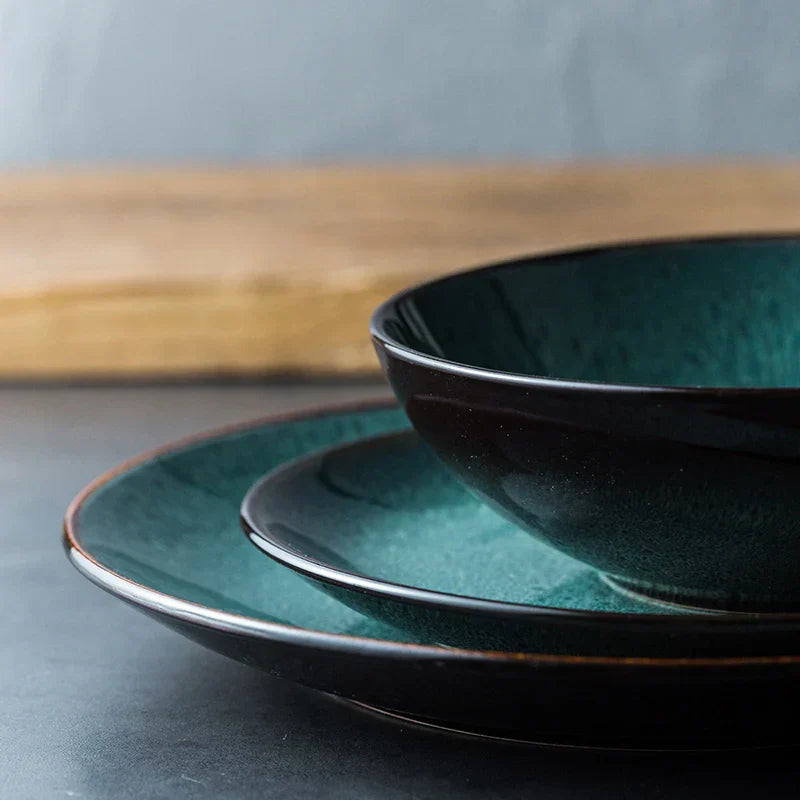Ceramic Steak Plate Pasta Dish Bowl Cup Kitchen Dinnerware in Green