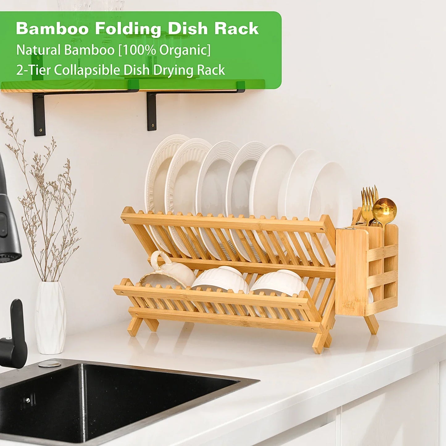 Collapsible 2Tier Bamboo Dish Drying Rack Foldable Wood Dish Drainer