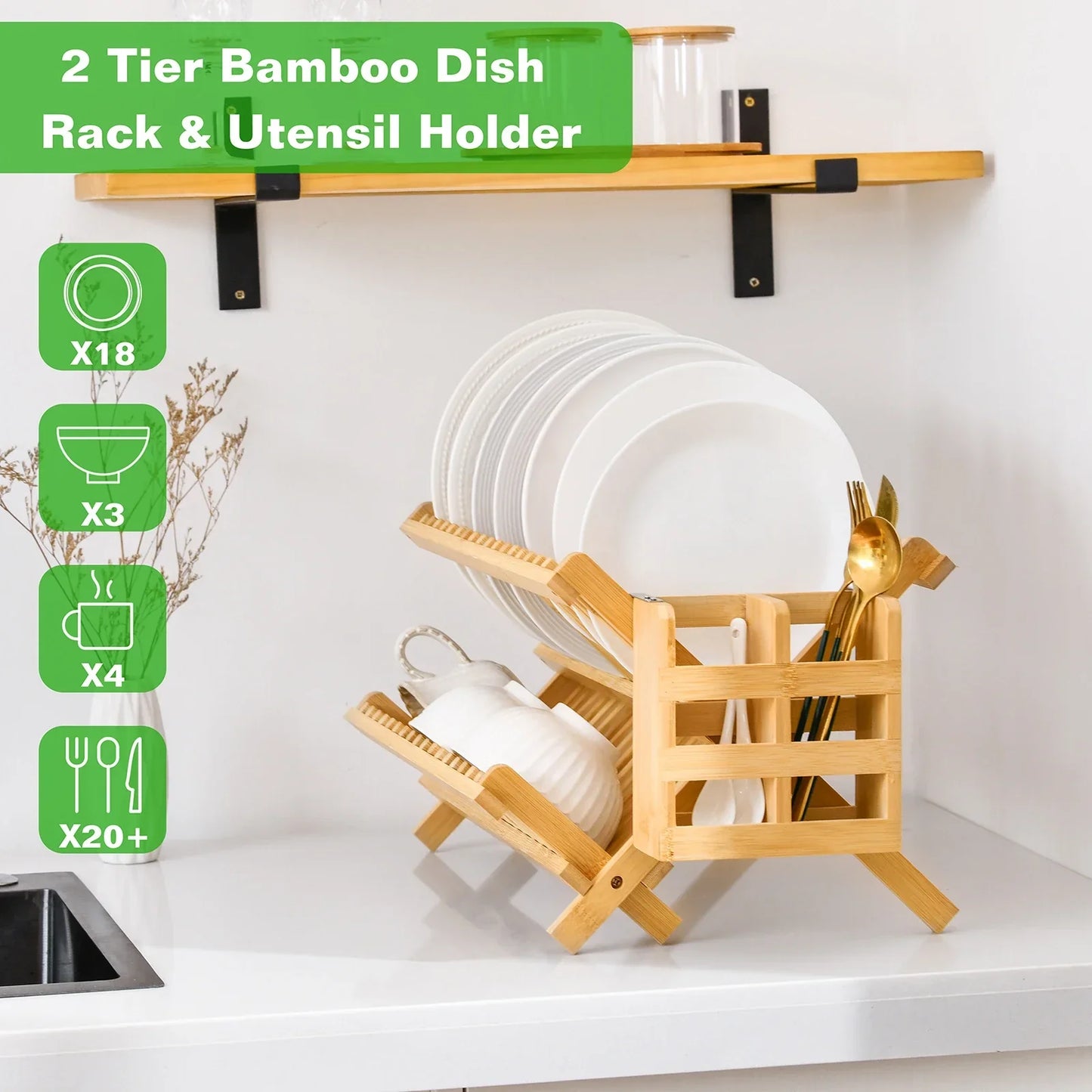 Collapsible 2Tier Bamboo Dish Drying Rack Foldable Wood Dish Drainer