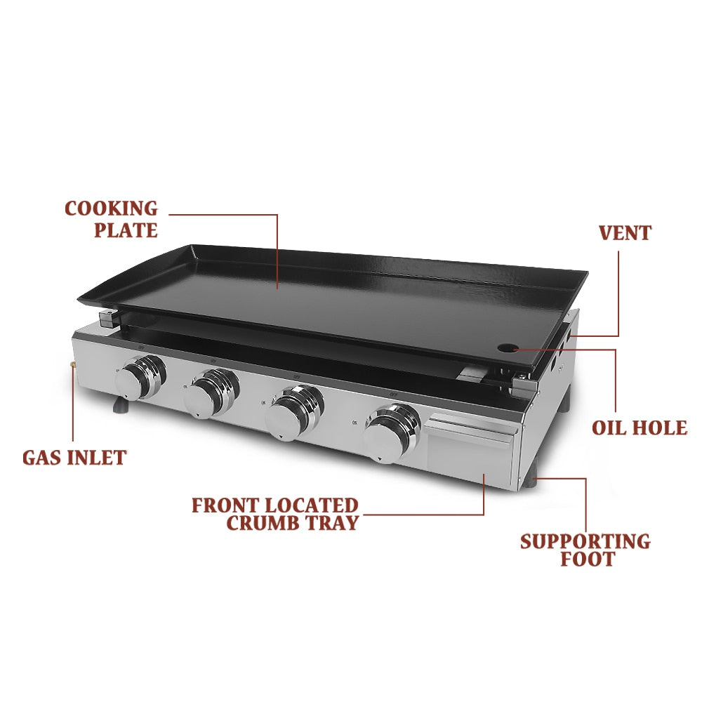 Commercial Griddle LPG 4 Burners Wide Cooking Outdoor BBQ Grill