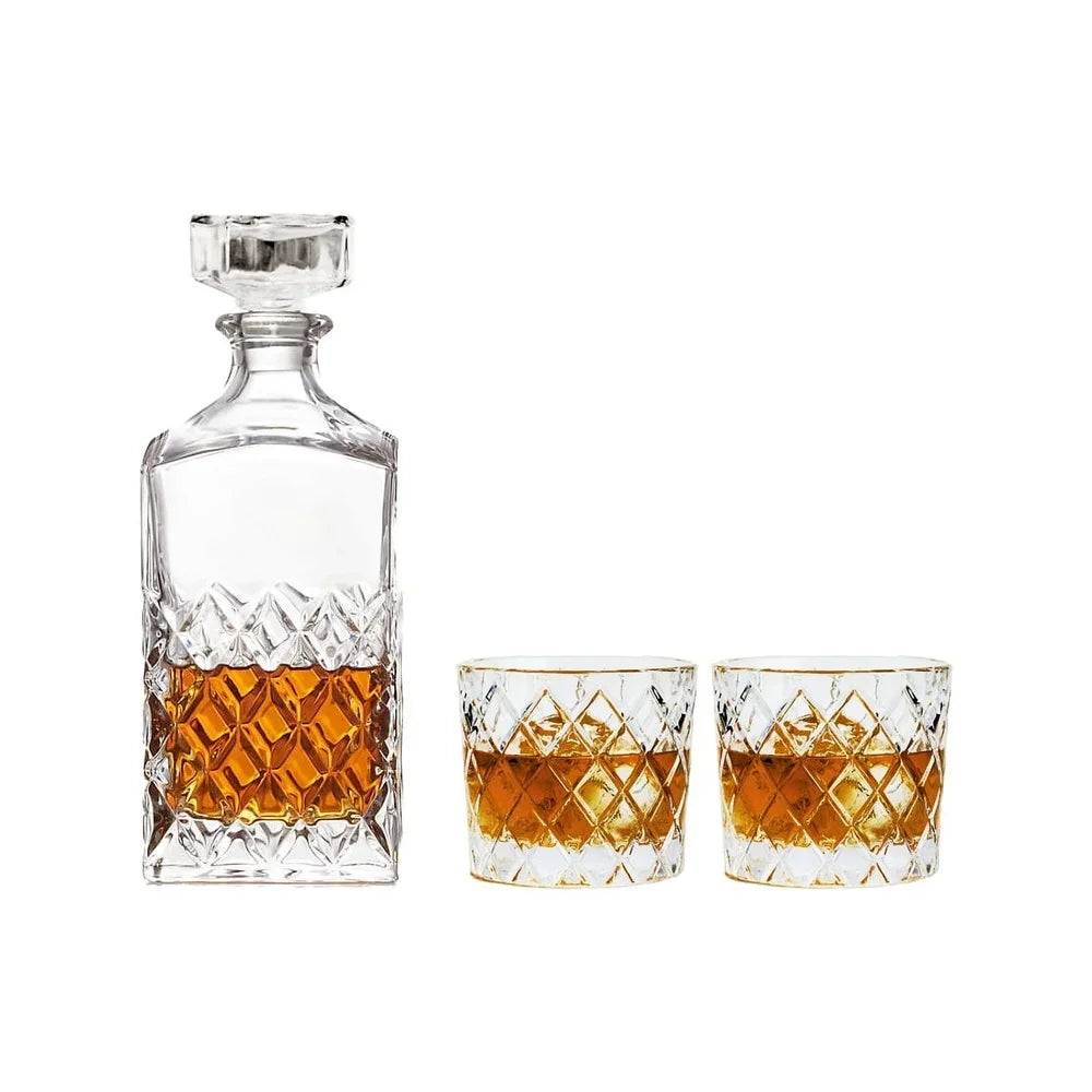 Diamond Cut Clear Glass Decanter and DOF Set Durable Dishwasher Safe